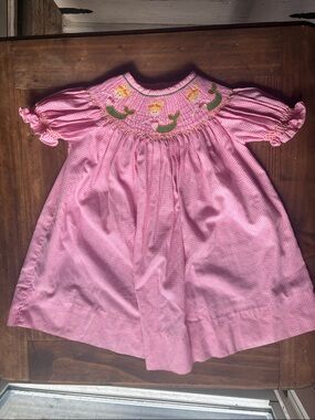 Classic Pink Smocked Kids Dress with Sea Embroidery